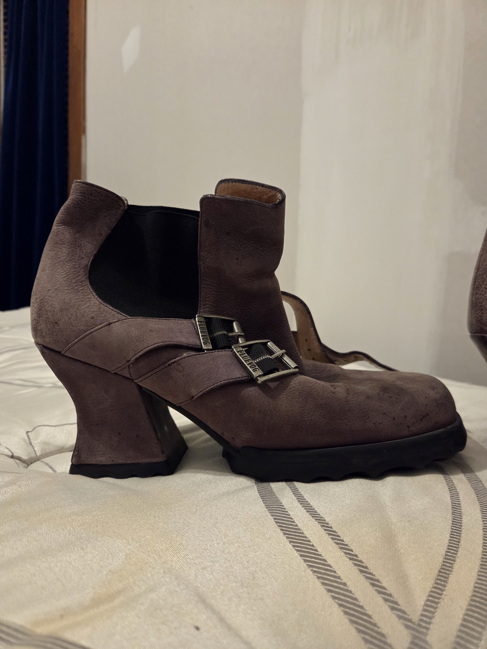 John Fluevog Purple Suede Ankle Booties
